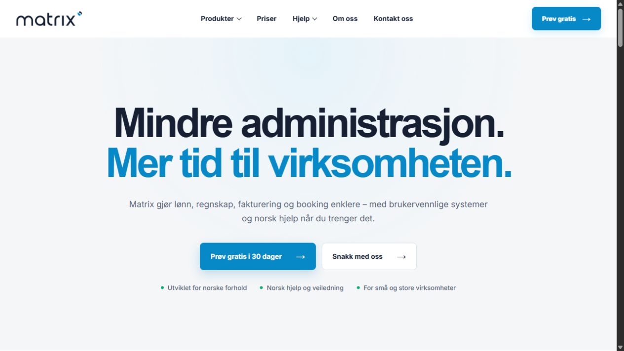 Den nye Matrix-forsiden med samlet produktbeskrivelse og knapper for utprøving og kontakt