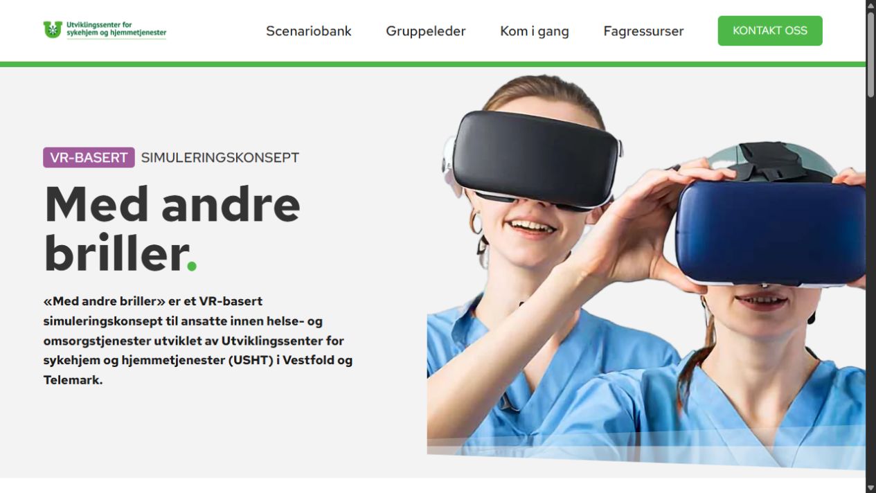 Med andre briller-forsiden med USHTs profil og introduksjon til VR-basert simulering