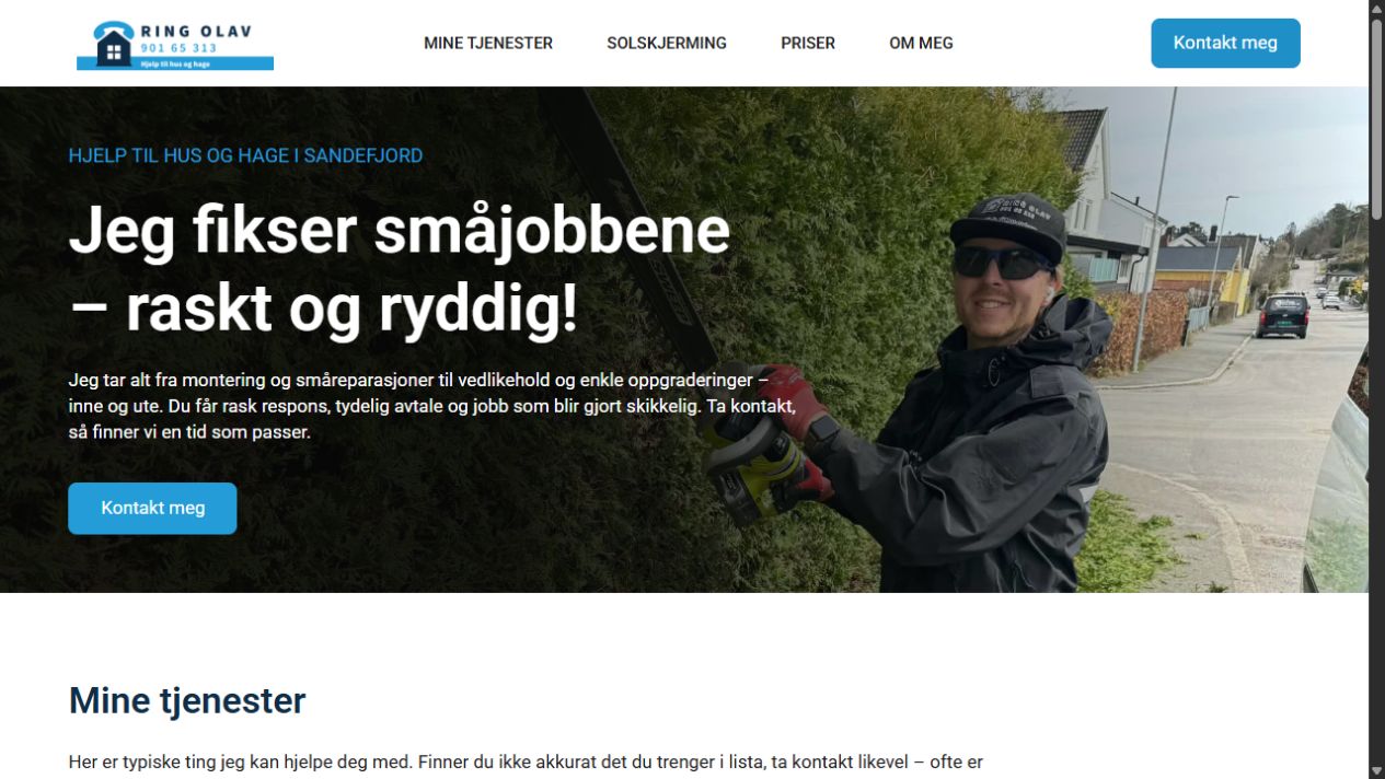 Ring Olavs forside med tjenestebeskrivelse, bilde av Olav og kontaktknapp