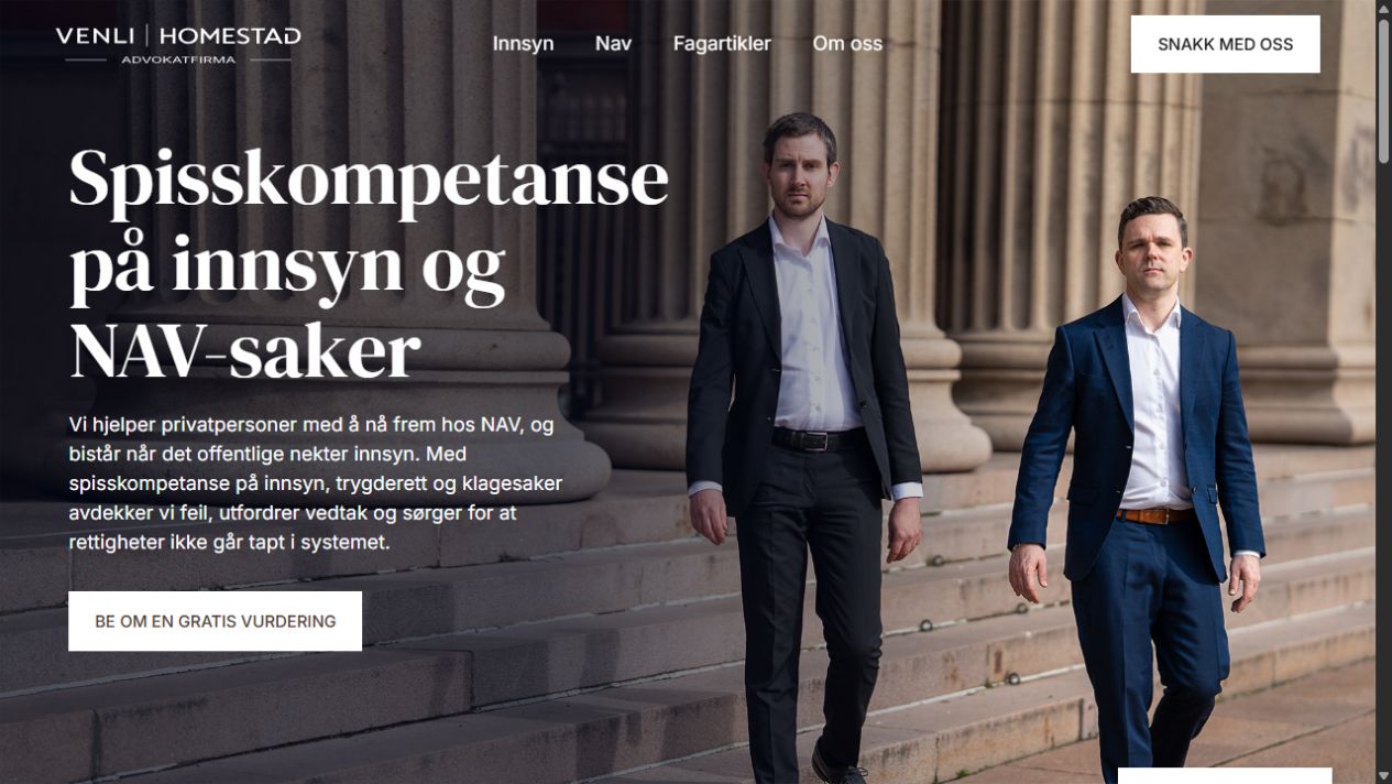 Advokatfirma Venli Homestad: skjermbilde av nettsiden på datamaskin