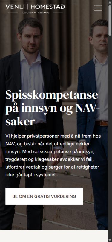Advokatfirma Venli Homestad: skjermbilde av nettsiden på mobil