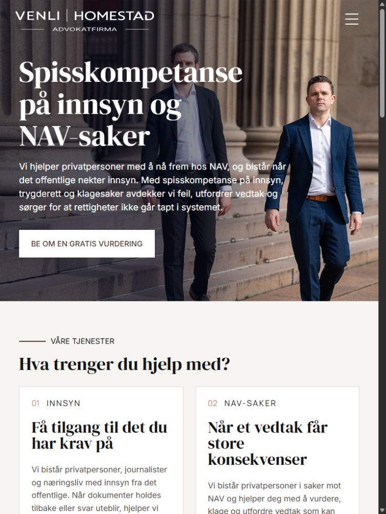 Advokatfirma Venli Homestad: skjermbilde av nettsiden på nettbrett