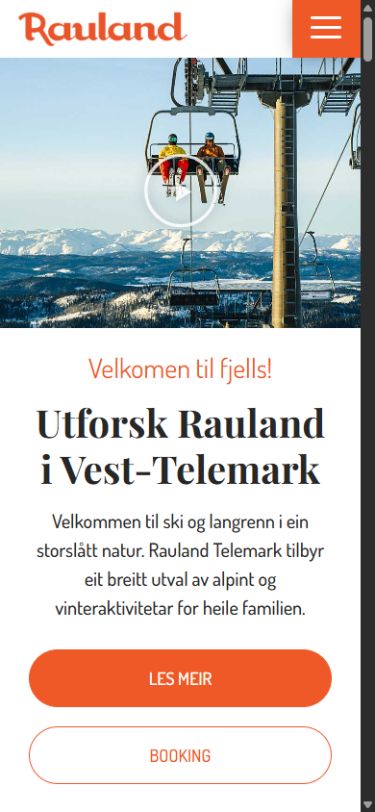 Visit Rauland: skjermbilde av nettsiden på mobil
