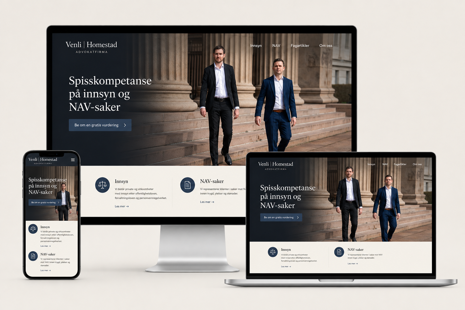 Illustrert presentasjon av vhadvokat.no på datamaskin og mobil